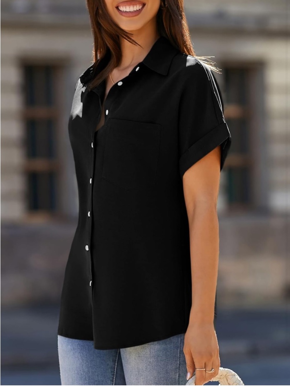 Black Button Front Blouse Women’s XL Short Sleeve Collared Shirt - Picture 4 of 8